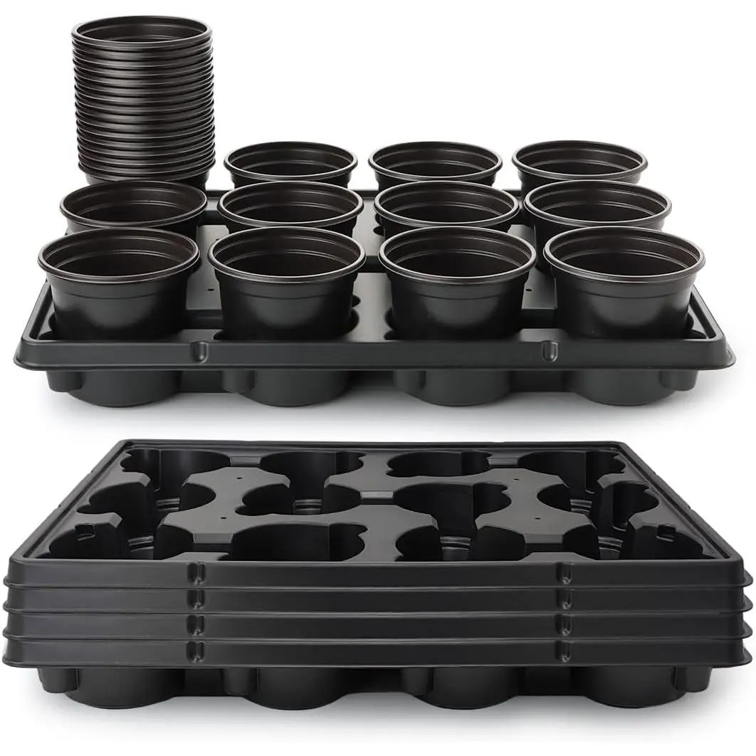 4 Inch Plastic Plant Pots 60 Pcs and 12 Cell Nursery Pots Trays 5 Pcs, Thick Sturdy Seeds Starting Germination Shuttle Carrying Trays, Black Small Planter Nursery Propagation 5 Sets