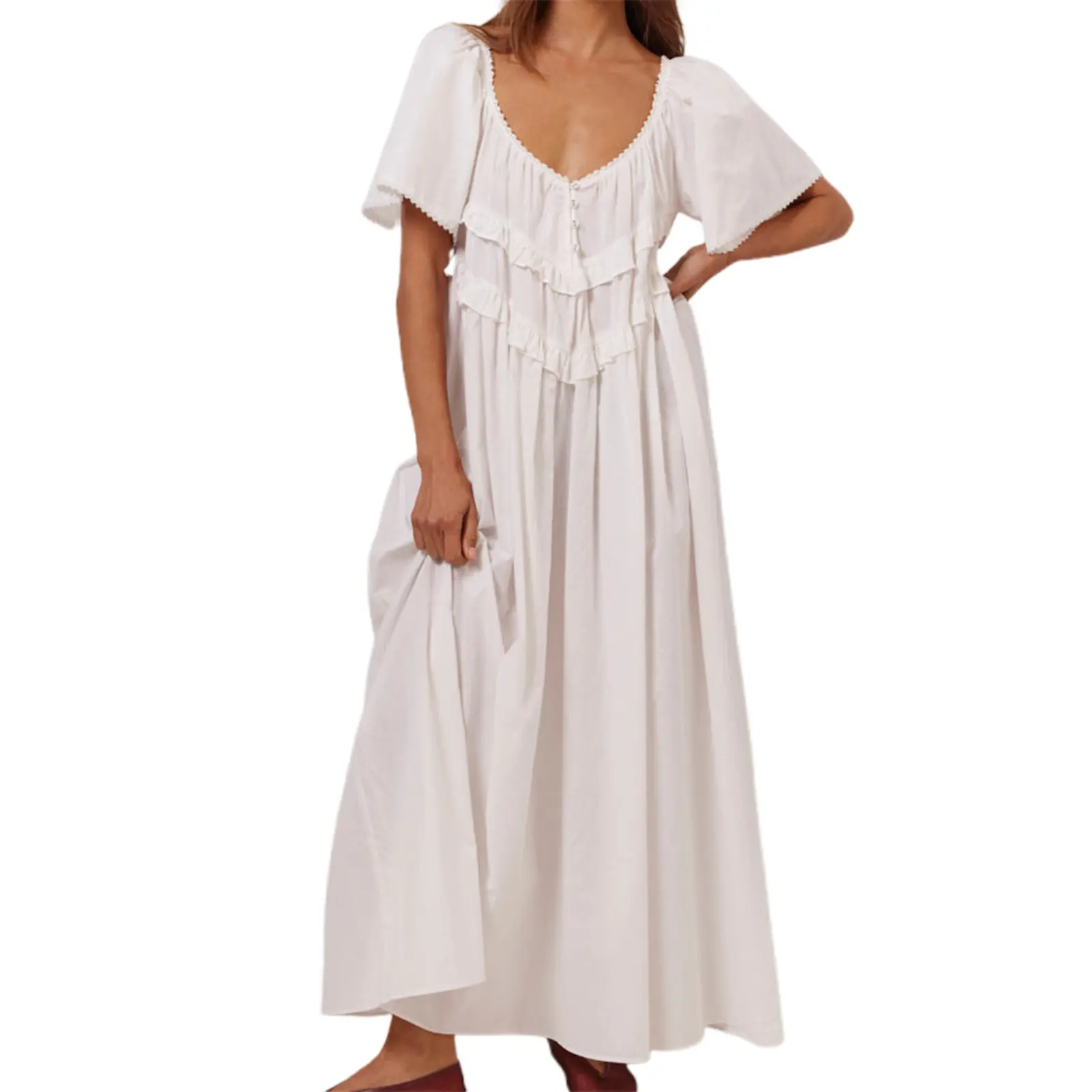 Women’s White Boho Maxi Dress, Deep Scoop Neck Open Back Ruffle Dress with Flutter Sleeves & Button Front, Loose Flowy Long Dress for Vacation, Beach, Resort, Brunch, Summer Casual & Everyday Wear