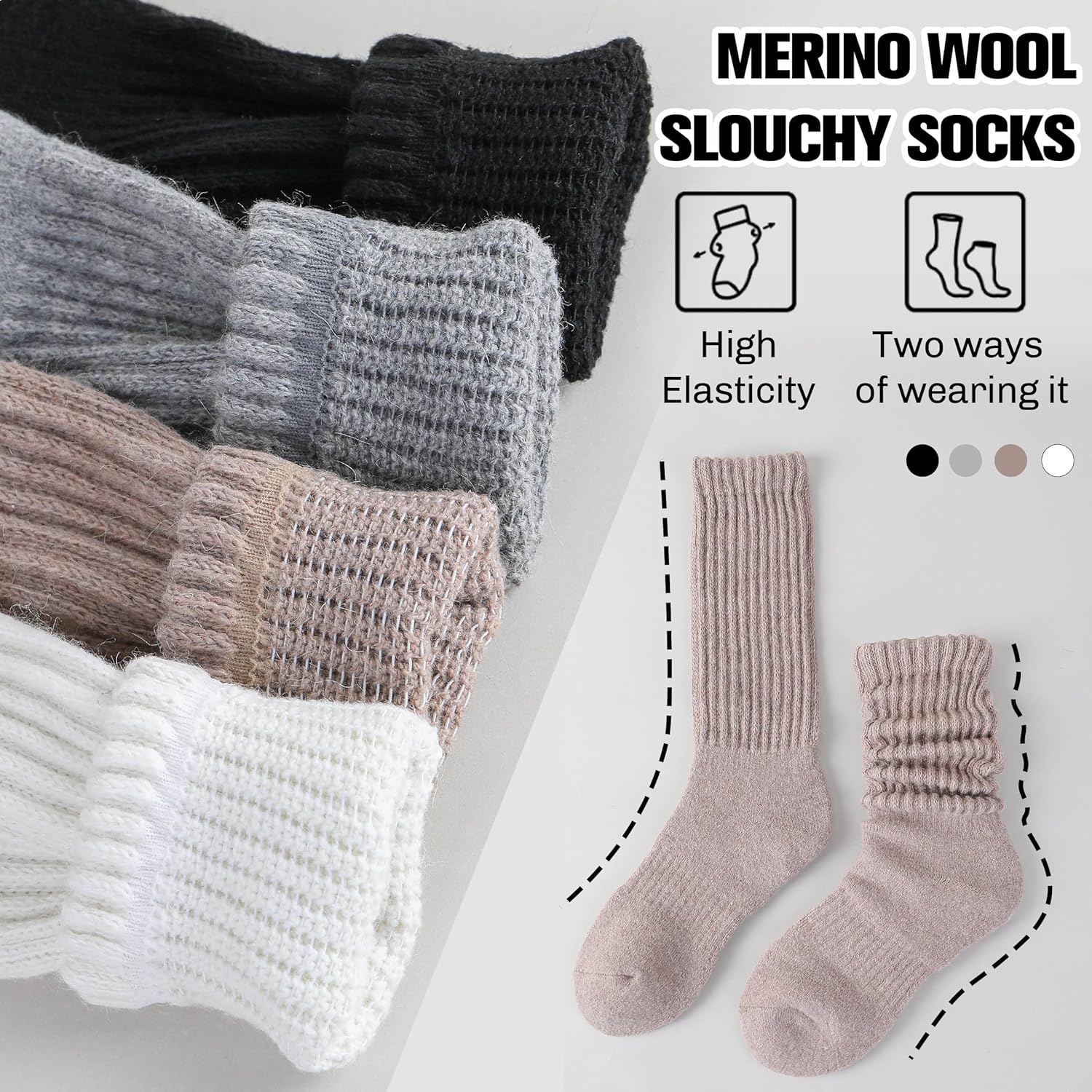 Merino  Slouch Boot Socks Thermal Warm Winter Thick Scrunch Cozy Crew Socks for Women 4 Pairs JianShuLuxe