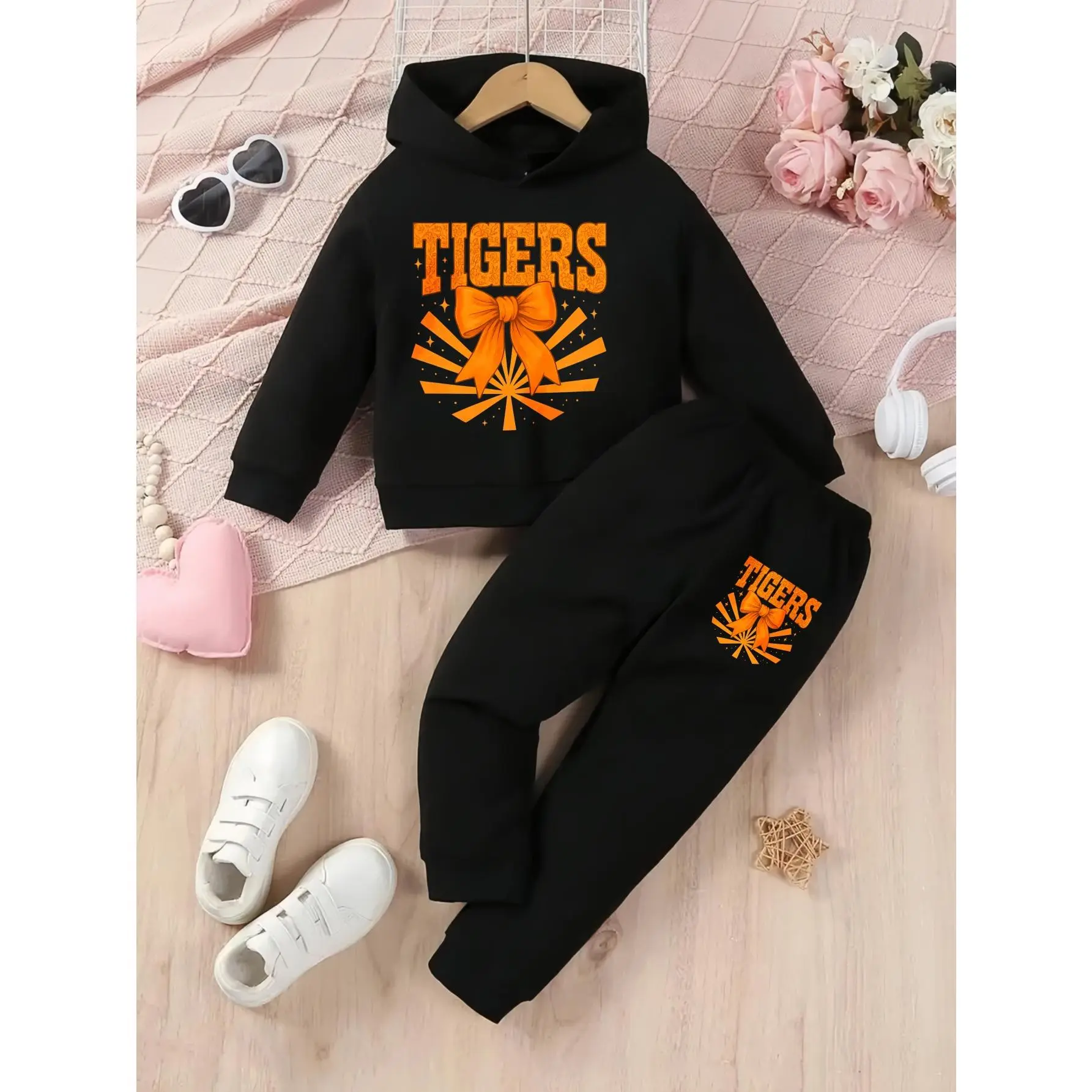 Girls' Black Hoodie & Pants Set with Orange Tigers Print & Bow Design - Pink & Black Casual Sporty Outfit, Soft Stretchy Fabric, Warm Hooded Sweatshirt & Joggers for Fall/Winter, School, Playdates & Casual Attire - Team Spirit Clothing for Young Gir