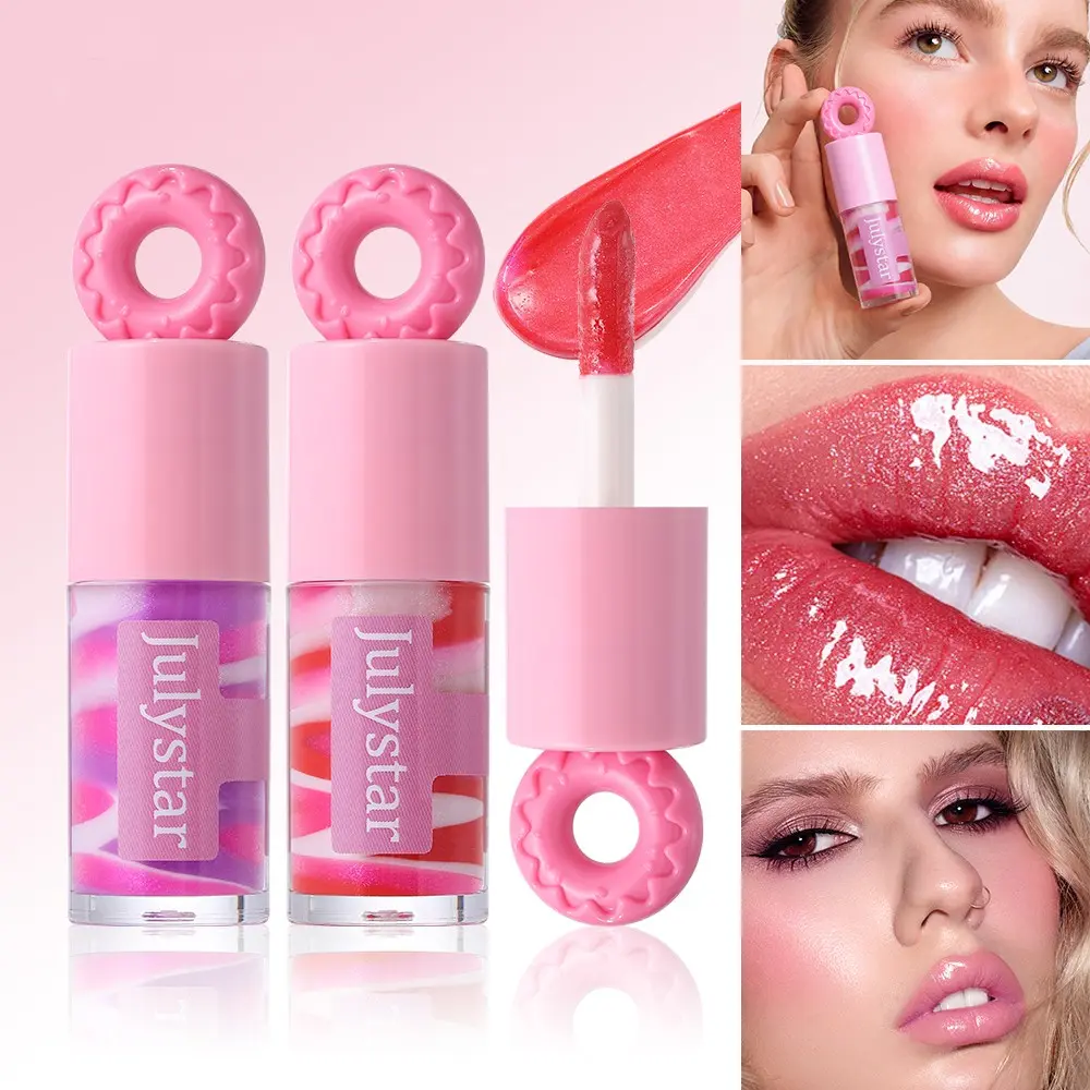 Sweet Donut Cap Swirl Lip Gloss, High Pigment Shimmer Hydrating Lip Oil, Small Portable Gloss Lip Makeup for Daily Touch Up, Hydrating Glosses