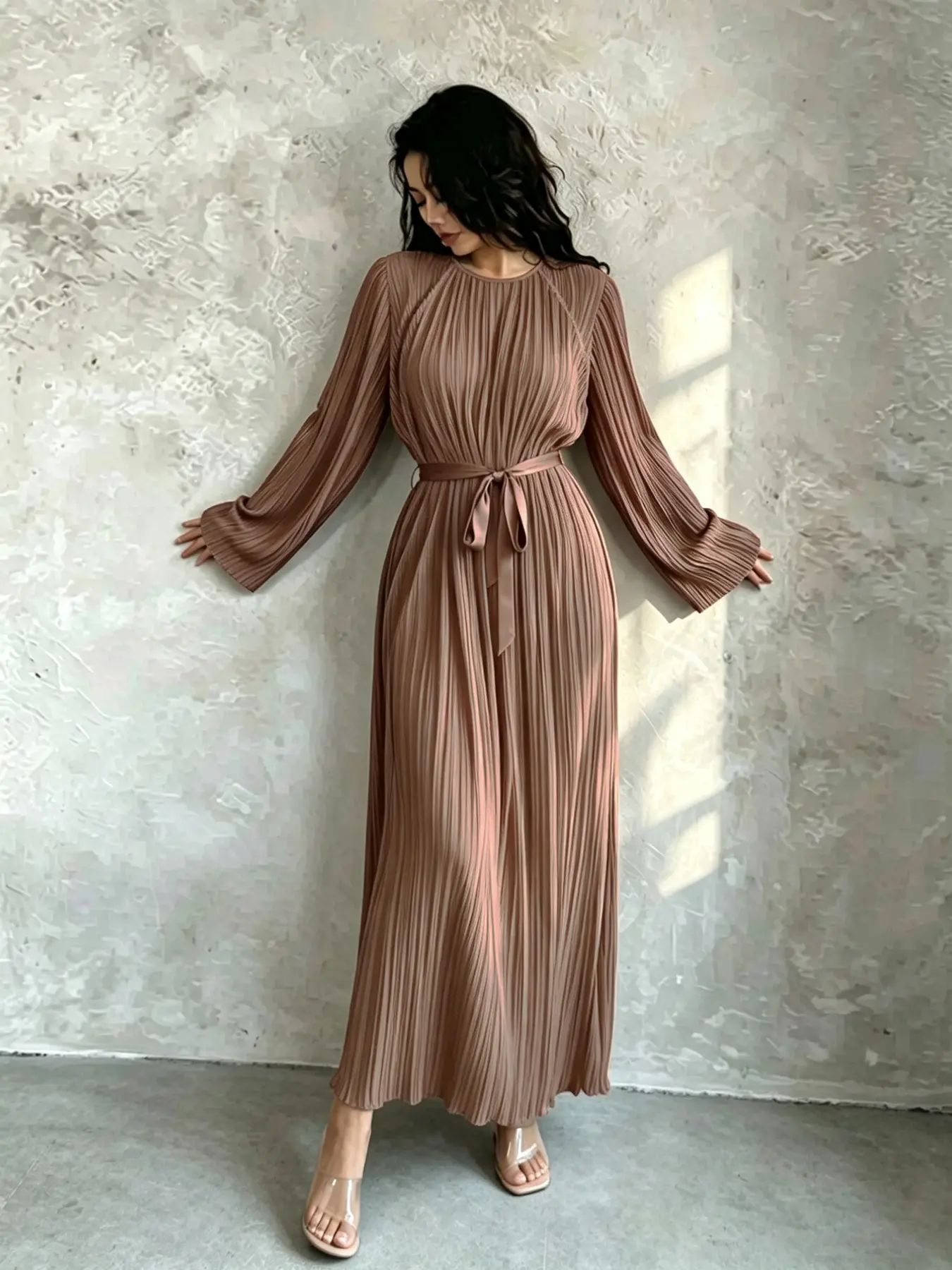 Elegant Long Sleeve Dress, Matte Coffee Color, Pleated Design, Matching Belt, Flared Sleeves, Fitted Waist, Casual Fall Winter Dress