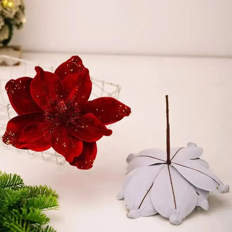 Luxury Artificial Christmas Velvet Flower Ornament, Sparkling Poinsettia Magnolia Bloom with Shiny Center and Flexible Stem for Xmas Tree Wreath Garland Bouquet Centerpiece, New Year Home Party Wedding Decor, Seasonal Gift for flexible stem