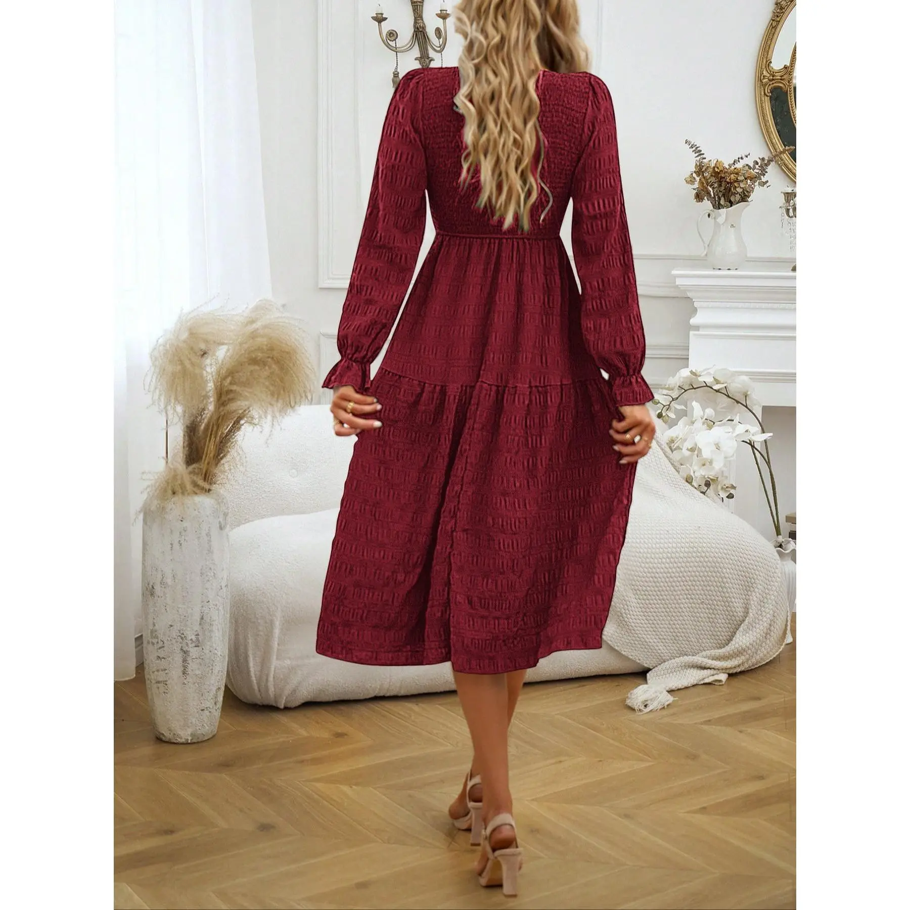 Women Round Neck Smocked Midi Dress Long Sleeve Tiered Ruffle Flowy A-Line Fall Dress