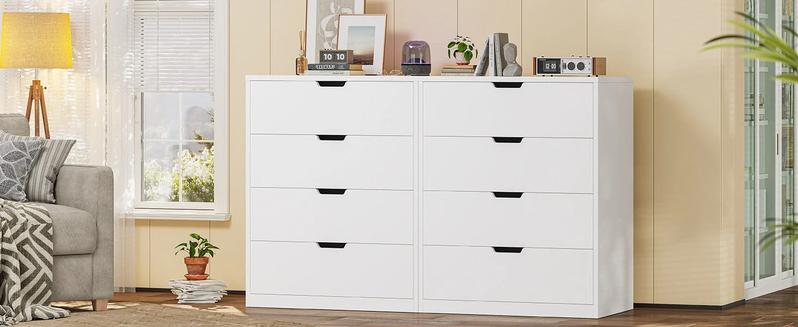 Sikaic Modern White Dresser with 4 Drawers Freestanding Wood Cupboard for Bedroom Living Room Hallway Storage Chest of Drawers with Metal Slide Rail Anti-tipping Belt