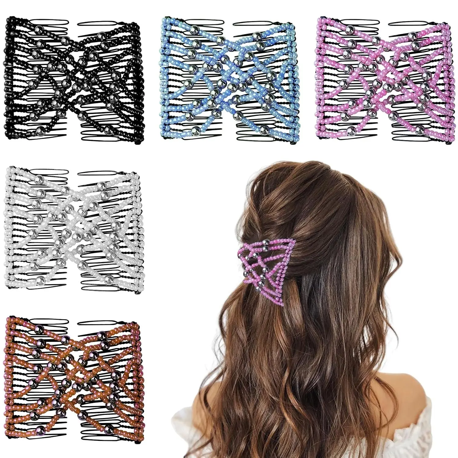 5 Pieces Stretchy Magic Comb Adjustable Elastic Hair Clip for Women Girls No Crease Pins Vintage Bun Maker Accessories for Curly Thick Wavy Hair Ponytail