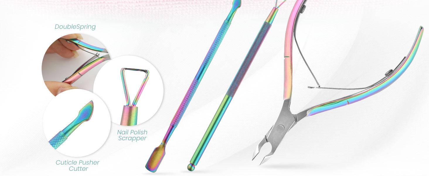 Cuticle Trimmer with Pusher, Nail Trimmer Set, Professional Manicure & Pedicure Kit, Cuticle Remover Tool Kit, Rainbow