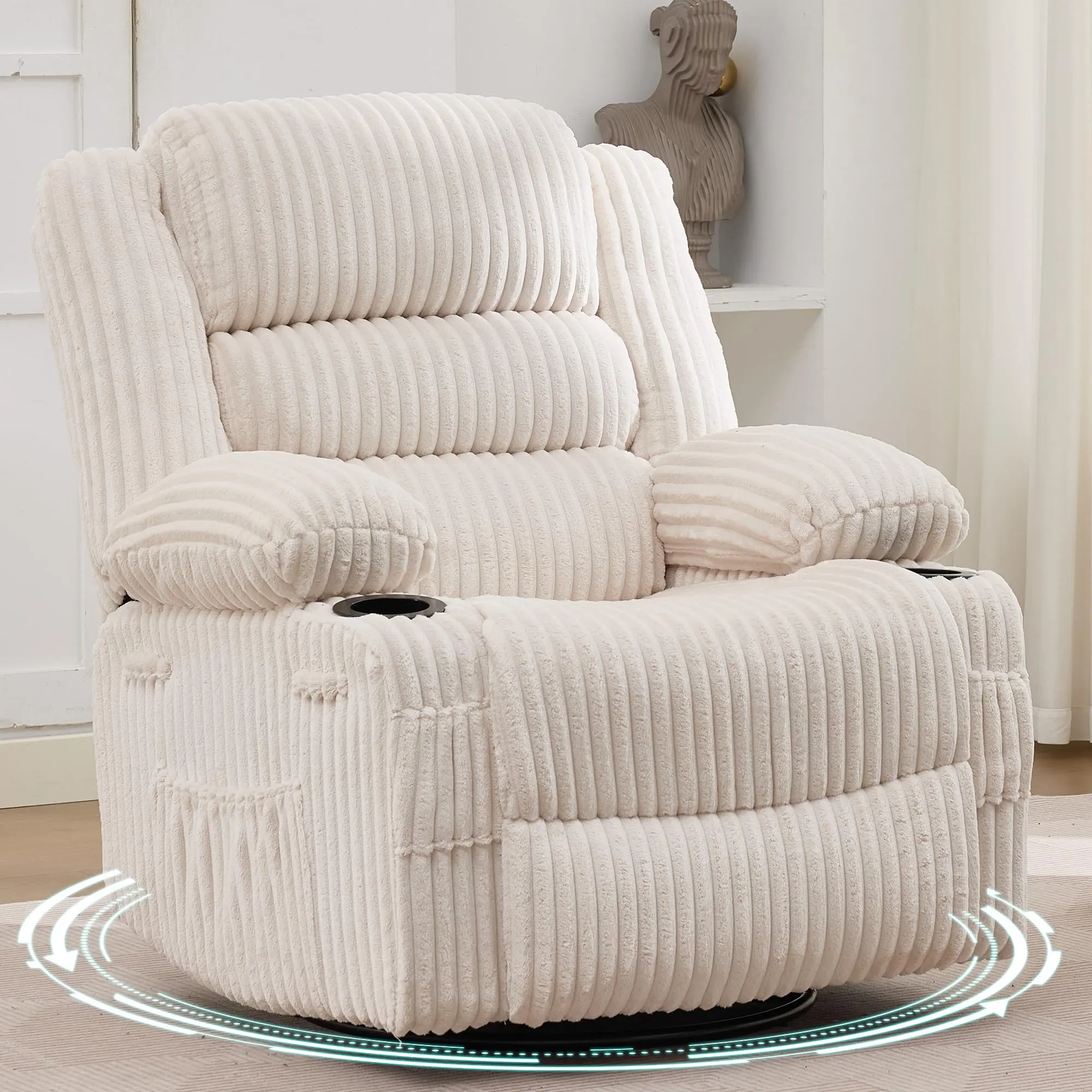 360° Swivel Rocker Recliner Chair for Adults, Oversized Manual Glider Accent Chair with Wide Cushioned Seat, High-Density Foam Support, Side Storage Pockets, Jumbo Corduroy Upholstery