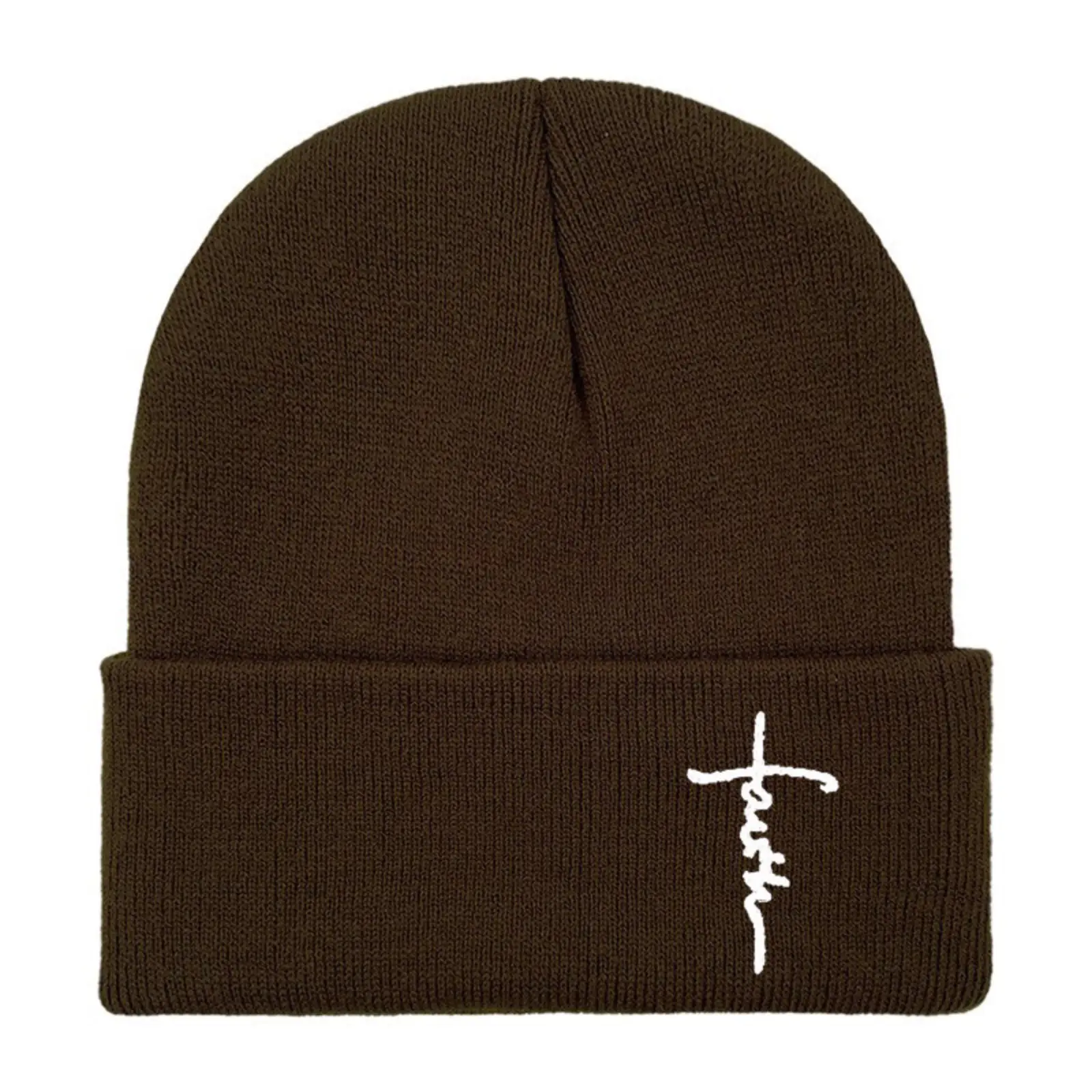 Unisex Cross Symbol Embroidery Cuffed Beanie - Black Ribbed Knit Skull Cap, Minimalist Faith Word Winter Hat, Soft Stretchy Warm Knit Fabric Headwear, Casual Religious Street Gear for Daily Outdoor Sports & Outdoor Use