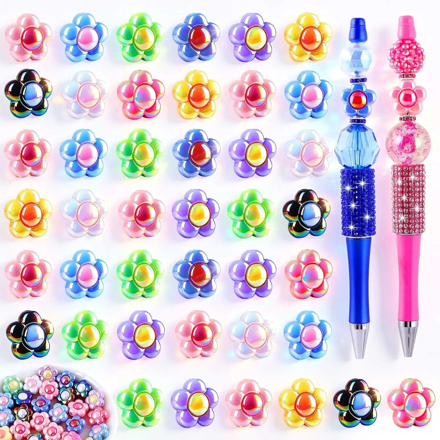 60 count Fancy Focal Beads for Pen, 9 Colors  Flower Beads | Colorful Focal Bead Rainbow Sun Flower Beads for Pen Making Bracelets Necklaces  DIY Crafts