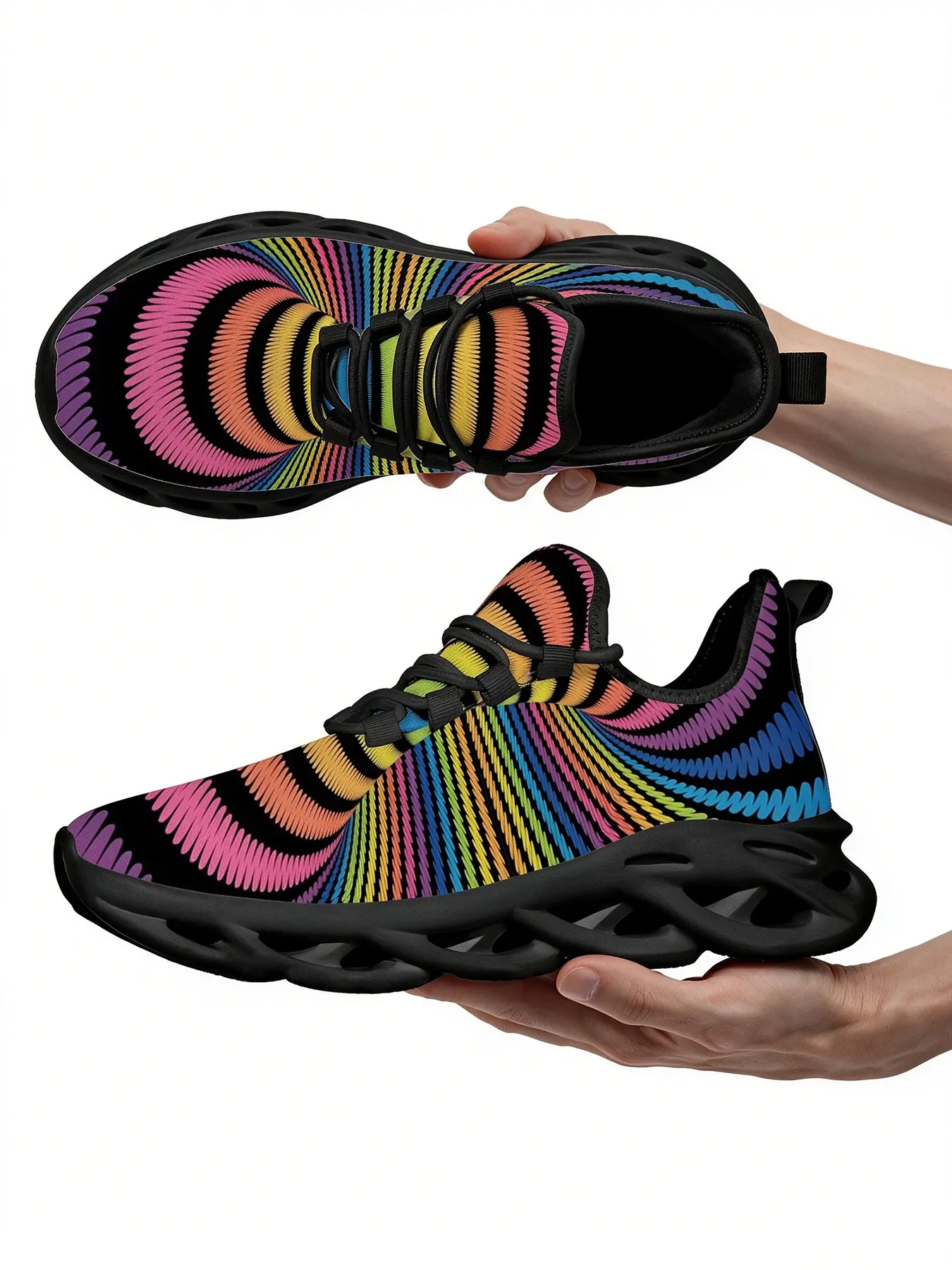 Colorful Psychedelic Swirl Spiral Pattern Chunky Sneakers for Men Women, Rainbow Optical Illusion All Over Print Mesh Shoes, Comfort Non Slip Fashion Footwear for Rave Festival Holiday Outdoor Daily Wear