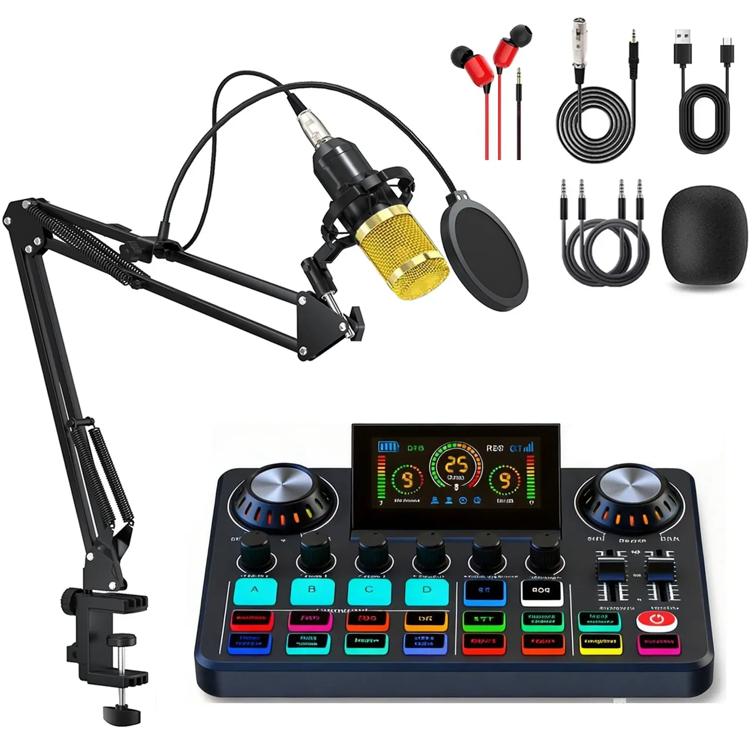 3D Foldable Screen Mixer Mixing Console with OTG | DJ Mixer Audio Interface+BM-800 Capacitive Microphone Sound Card Set | Suitable for live sound card, content creators, podcast recording, musicians, streaming media, and TikTok, compatible with PC/smartph