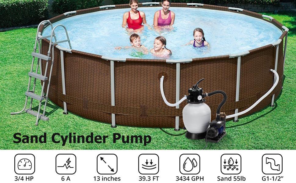 GARVEE 13 Inch Sand Filter Pump - 3434GPH 3/4HP for Above Ground & Inground Pools up to 8500 Gallons, Includes 6-Way Multi-Port Valve & Strainer Basket, Easy Installation with 2Lbs Filter Ball.