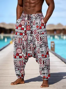 Men's Tribal Print Harem Pants, Elastic Waist Drop Crotch Casual Pants, Ideal for Beach Vacation and Yoga, Comfortable and Stylish