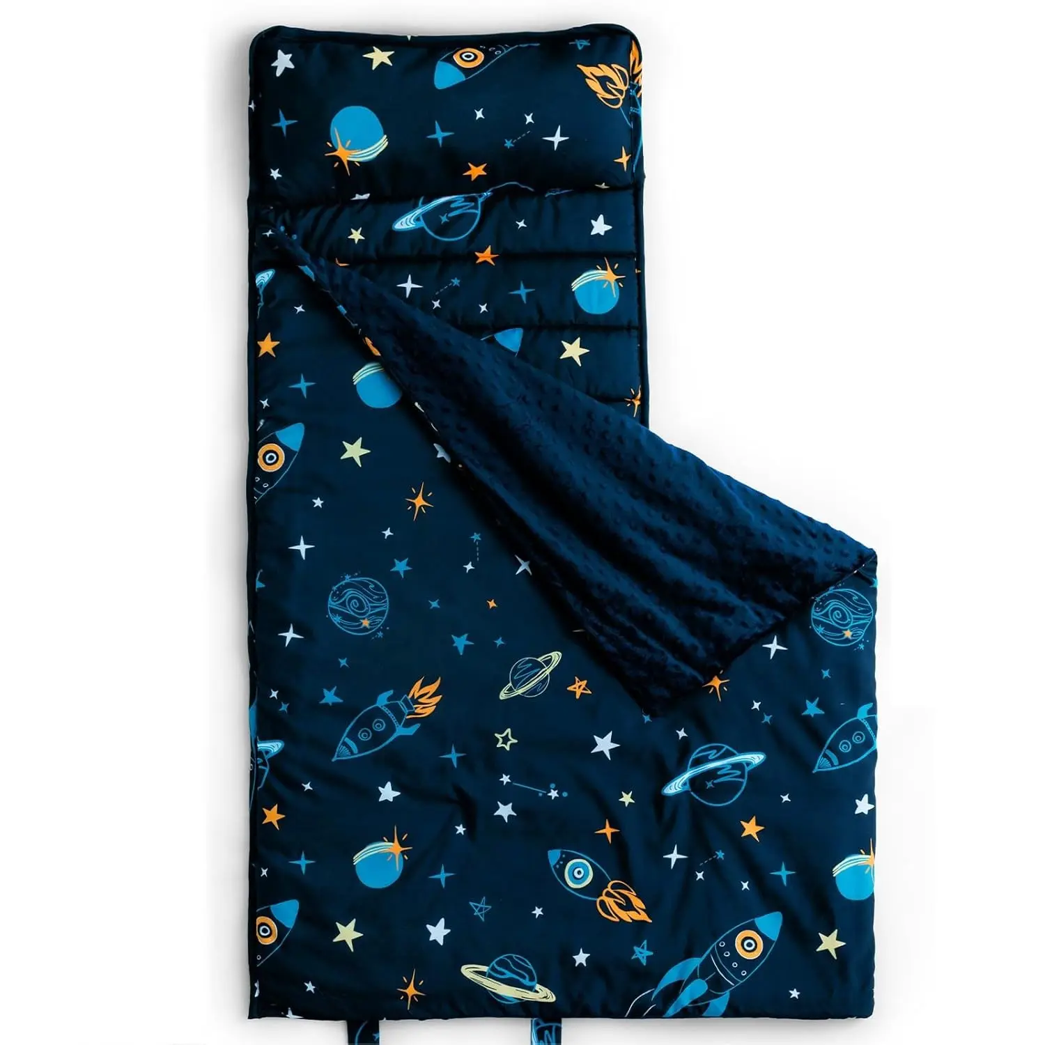 Minky Toddler Nap Mat with Removable Pillow and Minky Fleece Blanket, Soft Slumber Bags for Boys, Perfect for Preschool Daycare, Rollup Design Kids Sleeping Bags, 50"x20", Space