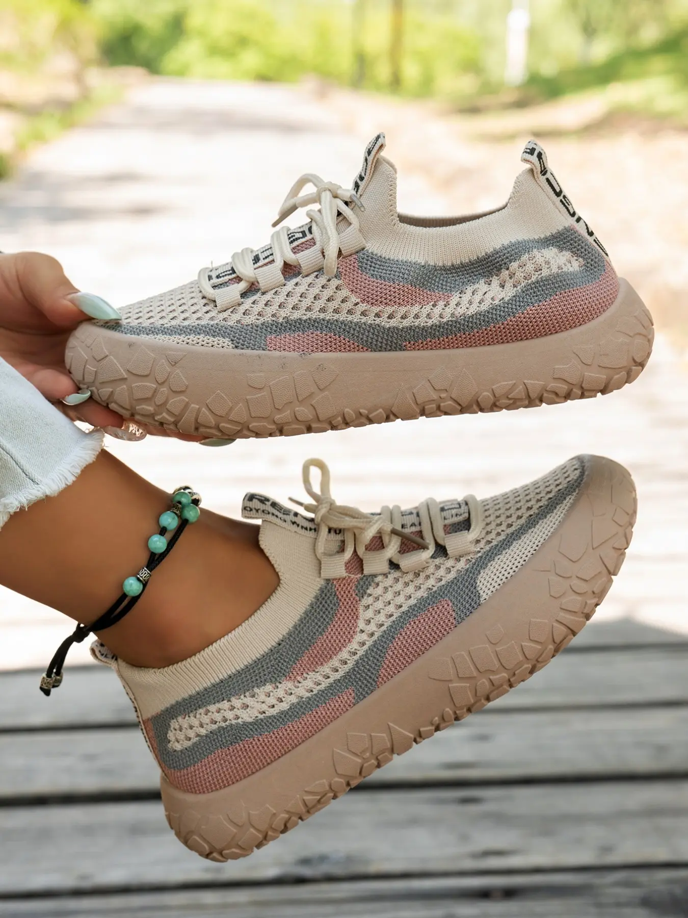 Fashion Women Color Block Knit Upper Casual Breathable Footwear Sneakers, Lace Up Round Toe Platform Shoes For Outdoor Activities And Daily Matching