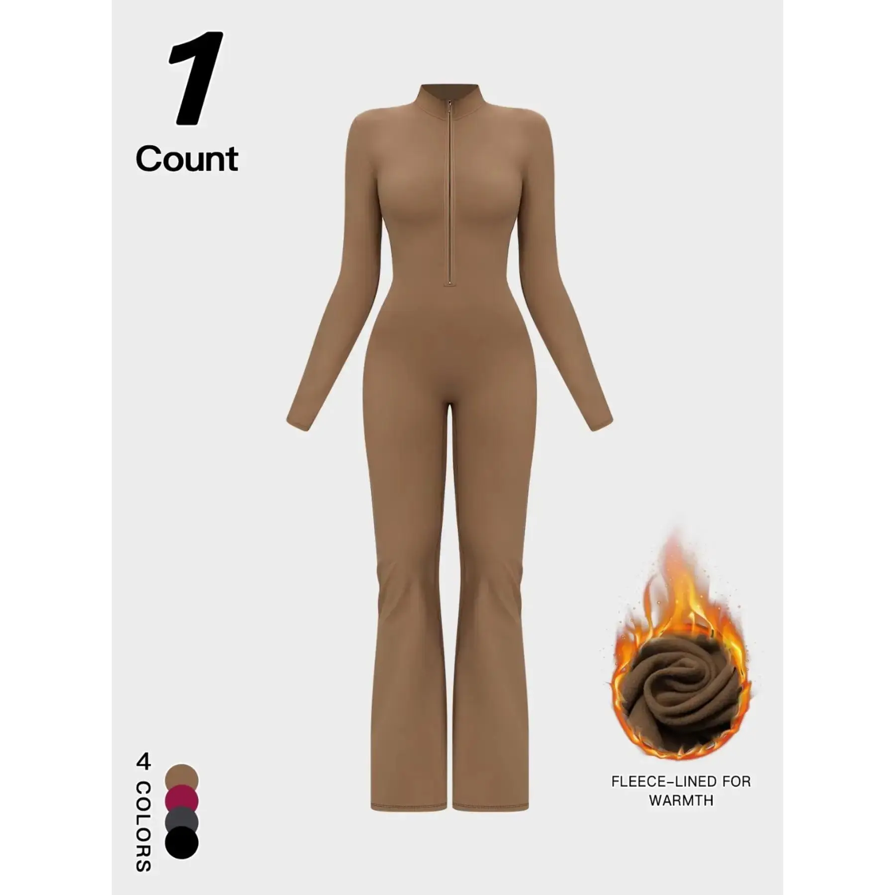 Women's Fall Winter Warm Stand Collar Zipper Shaping Bodysuit, High Waist Tummy Control Butt-Lifting Loose Straight Leg Pants, Outdoor Sports Skiing Thermal Jumpsuit, Comfy Breathable Outfits for Yoga Pilates Gym Workout Running Cycling, Sporty Jumps