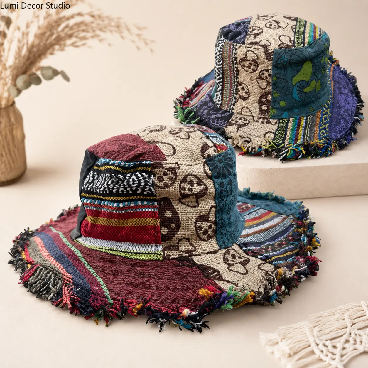 Adults Unisex Mushroom Print Fedora Hat - Breathable Hemp Patchwork Cap with Hidden Pocket, One Size Fits Most for Outdoor Wear, Casual Outings