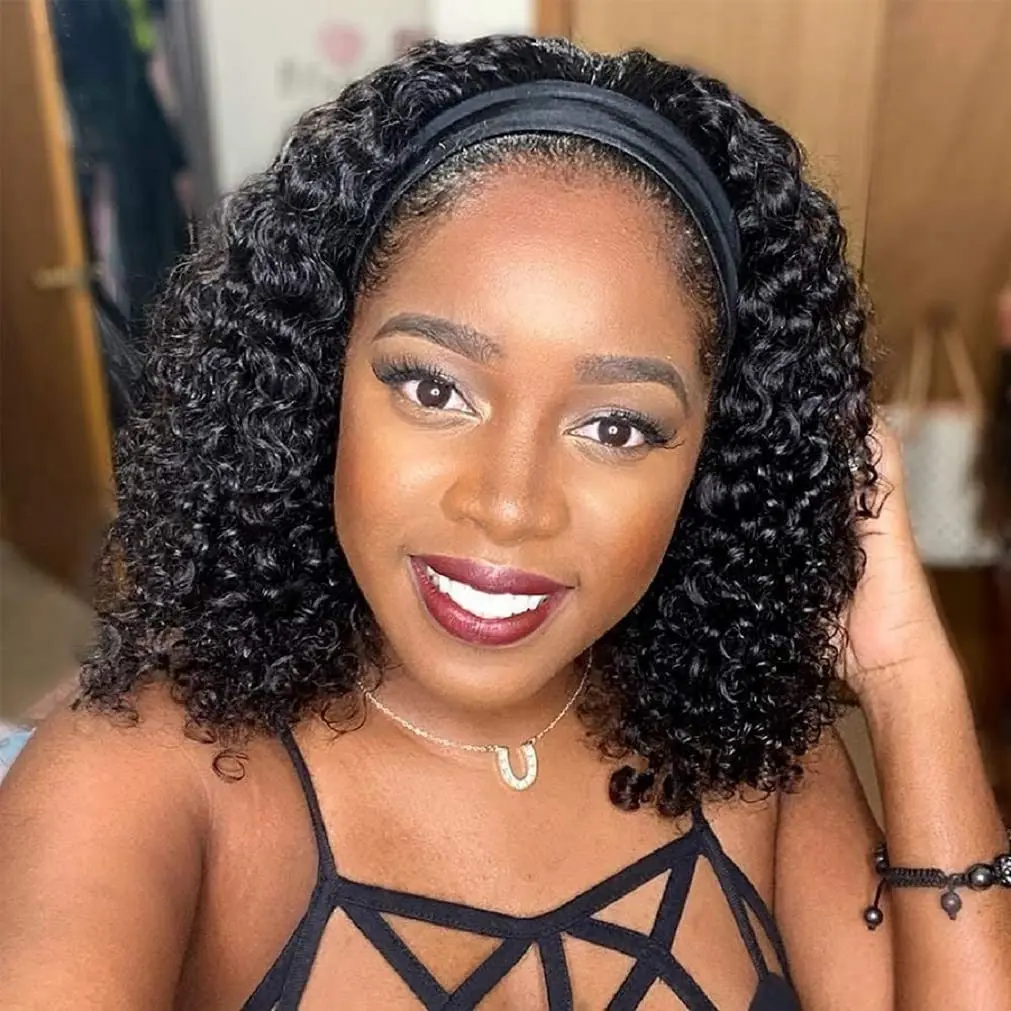 Headband Wig Human Hair 14 Inch Glueless Curly Half Wigs for Women | Deep Wave Human Hair Headband Wig for Black Women Wear Go Wet Wavy Brazilian Virgin Black Wig Beginner Friendly 150% Density