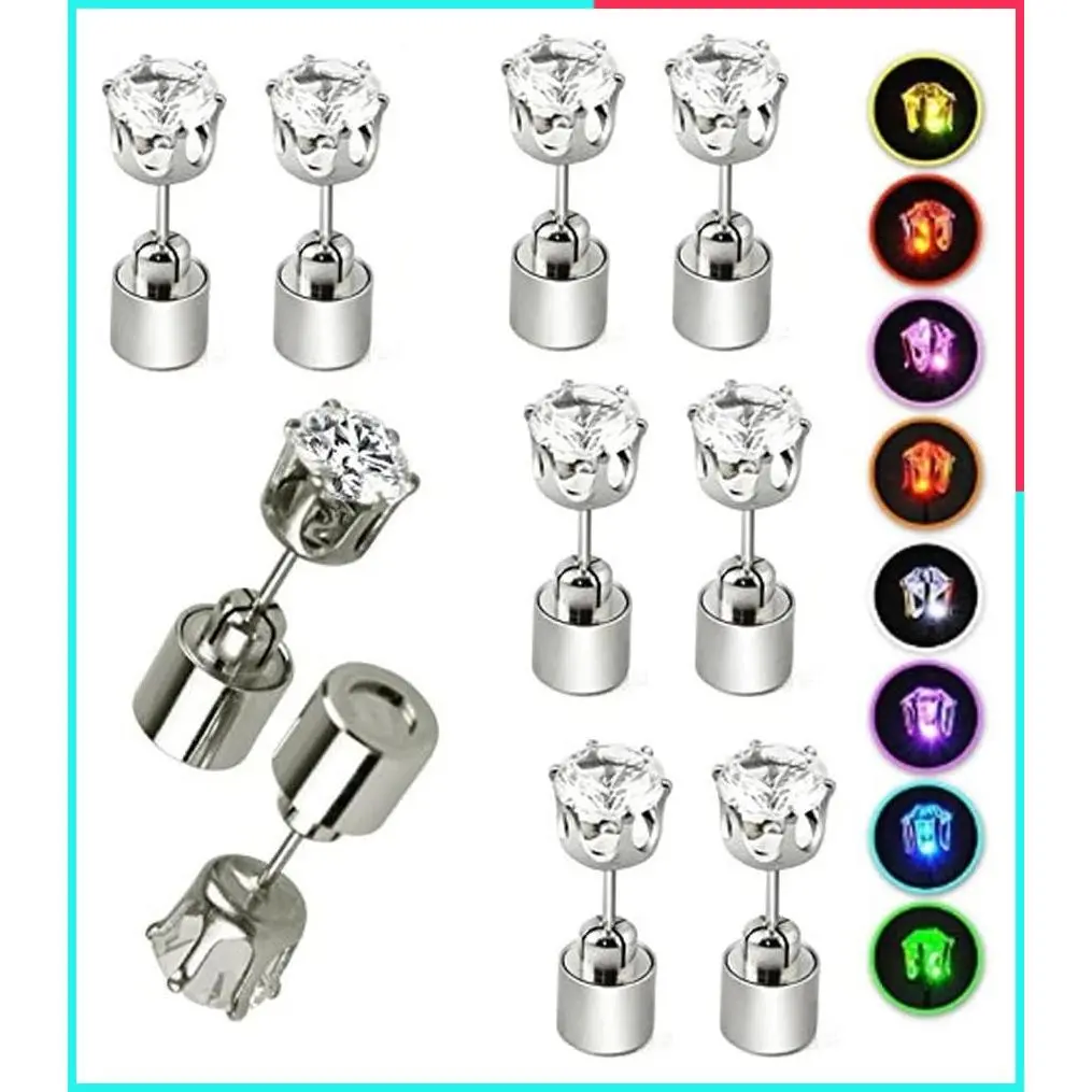 5 Pairs Color Changing LED Light Up Stud Earrings, Flashing Blinking Stainless Steel Party Earrings, Halloween Christmas Gifts for Women Men