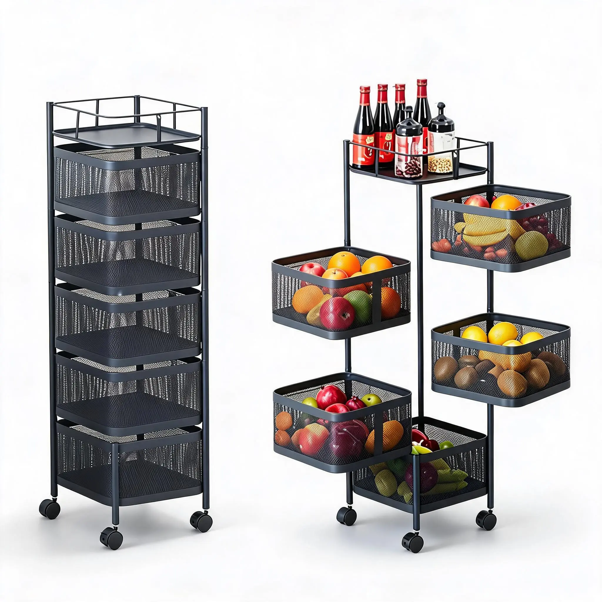 5-Tier No Assembly Metal Mesh Kitchen Storage Cart, Rotating Baskets with Top Lid, Mobile Rolling Organizer for Fruit Vegetable Snack Pantry, Durable Space-Saving Rack