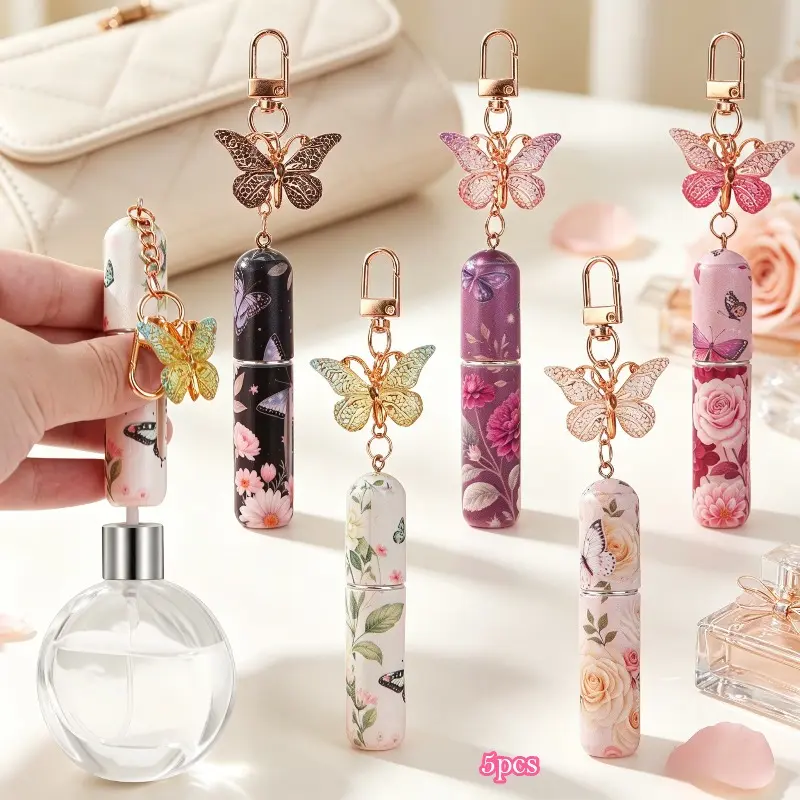 5Pcs Floral & Butterfly Portable Refillable Perfume Bottles, Mini Keychain Spray Bottles, Stylish Travel Cosmetic Makeup Fragrance Accessories Perfect for Handbags