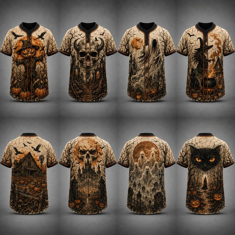 Unisex Vintage Cracked Look Short Sleeve Baseball Jersey - Halloween Themed with Spooky Graphics (Pumpkin, Scarecrow, Witch, Ghost, Skull, Black Cat) - Retro Fall Party Wear Short Sleeve Tops