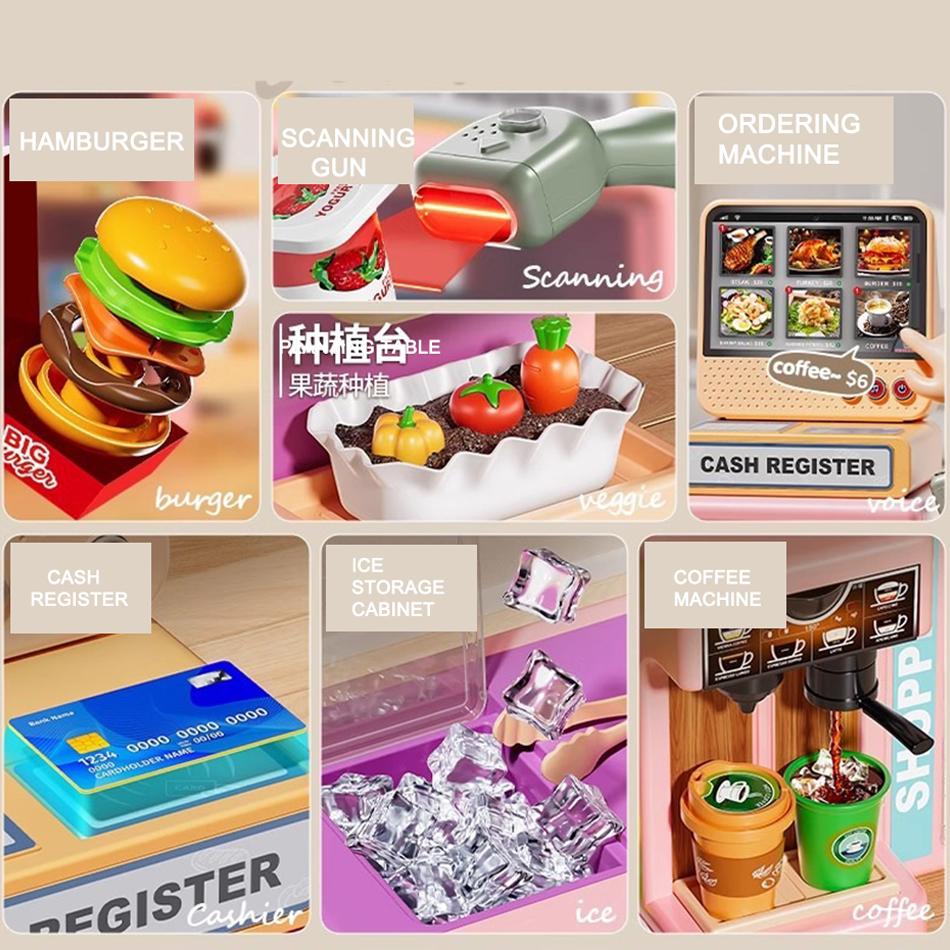 Mini Kitchen Playset Toy,75 PCS Play Kitchen with Realistic Steam and Lights, Role Playing Game Pretend Food and Cooking Playset, Mini Kitchen Accessories Set Girls Boys