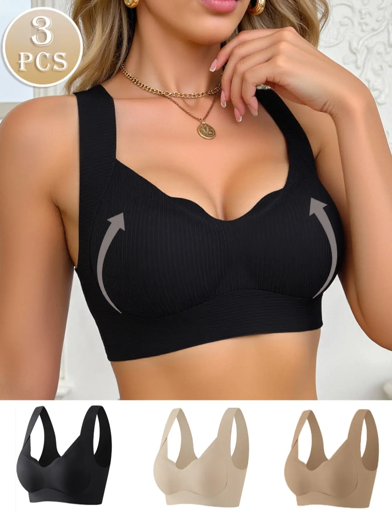 Women's Full Coverage Adjustable Padded Bra Set, 3-Piece Pure Color Underwear, Large Bust Lift-Up Design, Anti-Sagging Support