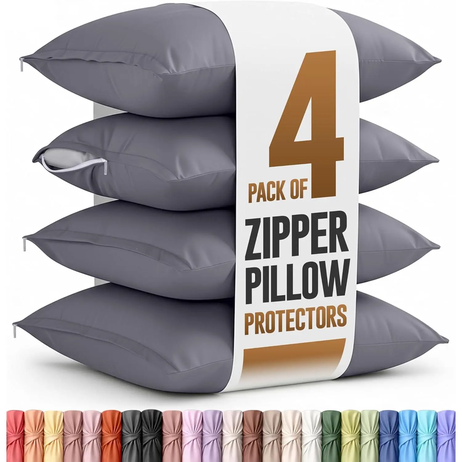 4 Pack Pillow Protectors with Zipper  Size, Soft Brushed Microfiber Fabric Pillow Cases, Shrinkage and Fade Resistant Pillow Covers (Grey)
