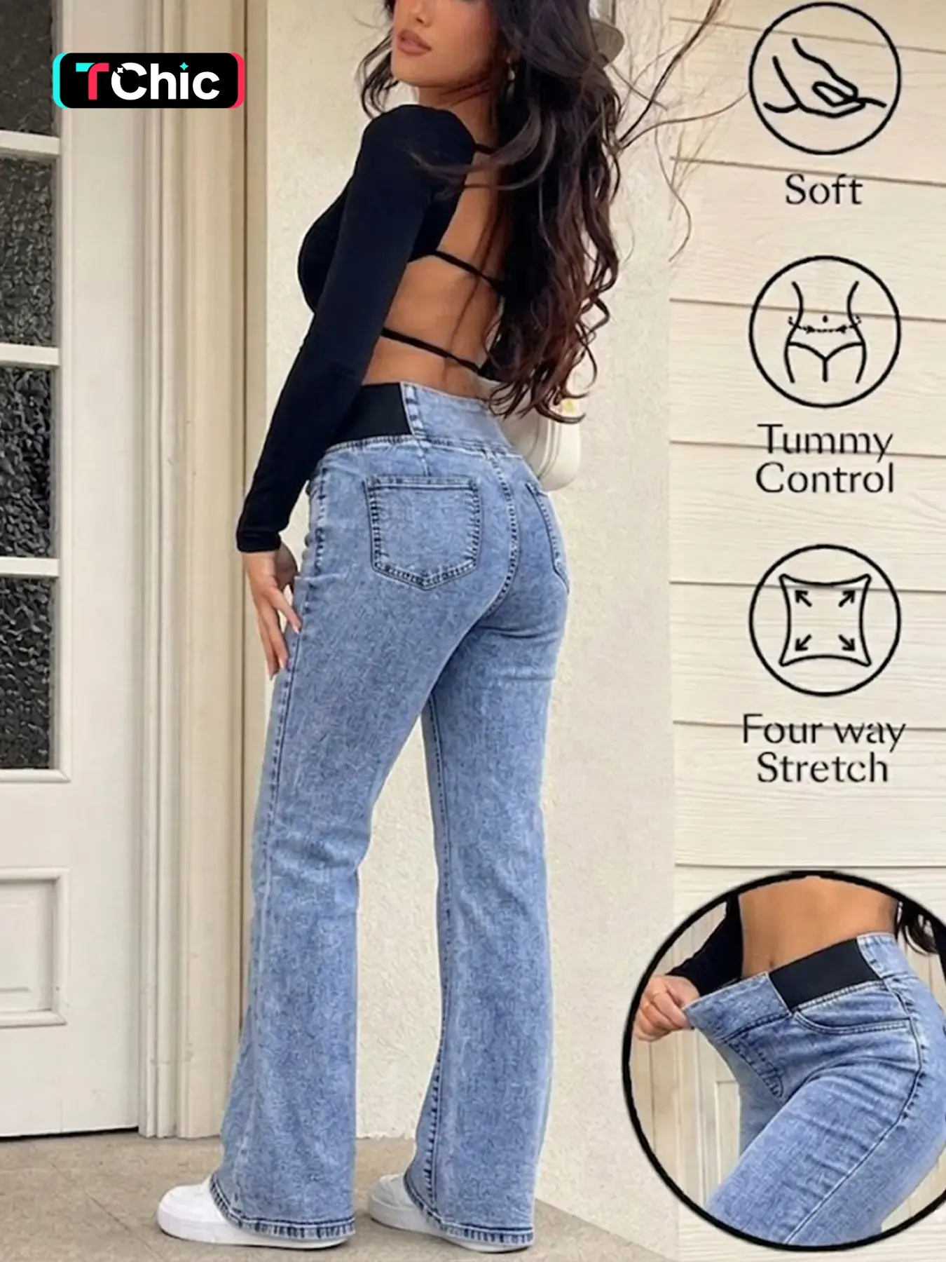Gilipur Y2K High-Waisted Elastic Denim Jeans with Pockets for Women, Slimming Peach Butt Flare Long Pants, Casual All-Season Wear