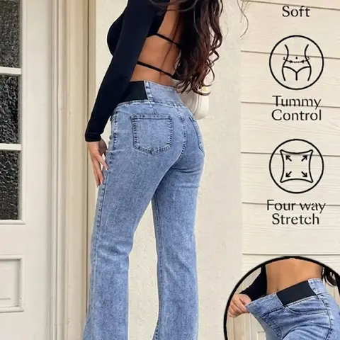 Gilipur Y2K High-Waisted Elastic Denim Jeans with Pockets for Women, Slimming Peach Butt Flare Long Pants, Casual All-Season Wear