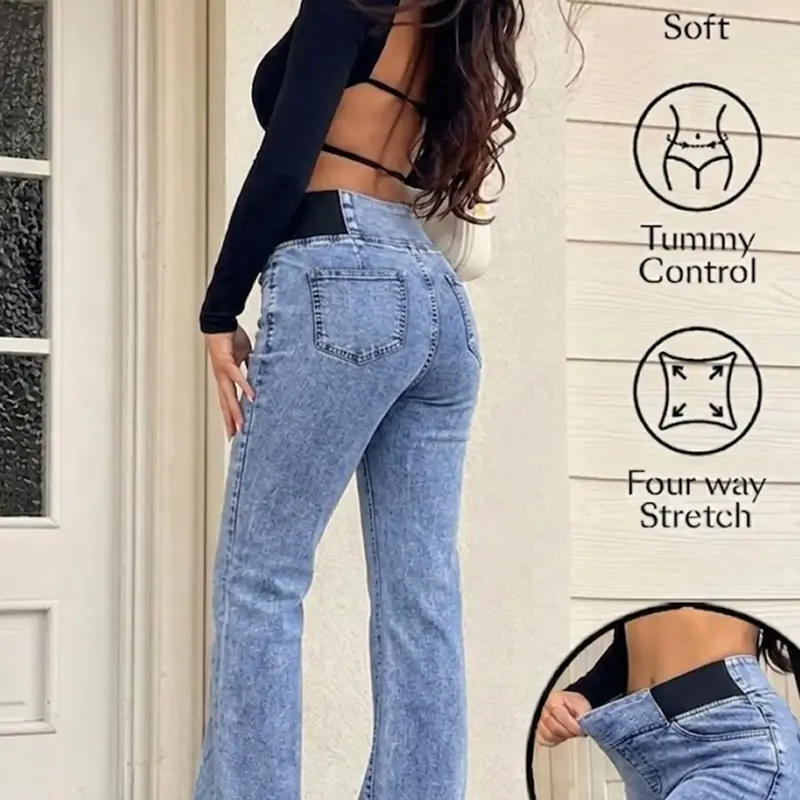 Gilipur Y2K High-Waisted Elastic Denim Jeans with Pockets for Women, Slimming Peach Butt Flare Long Pants, Casual All-Season Wear