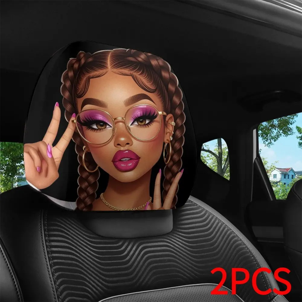 2-Pack Trendy Car Headrest Covers, Fashionable Girl Style Print, Washable, Easy Install, Universal Fit, Perfect for Daily Commute & Long Trips
