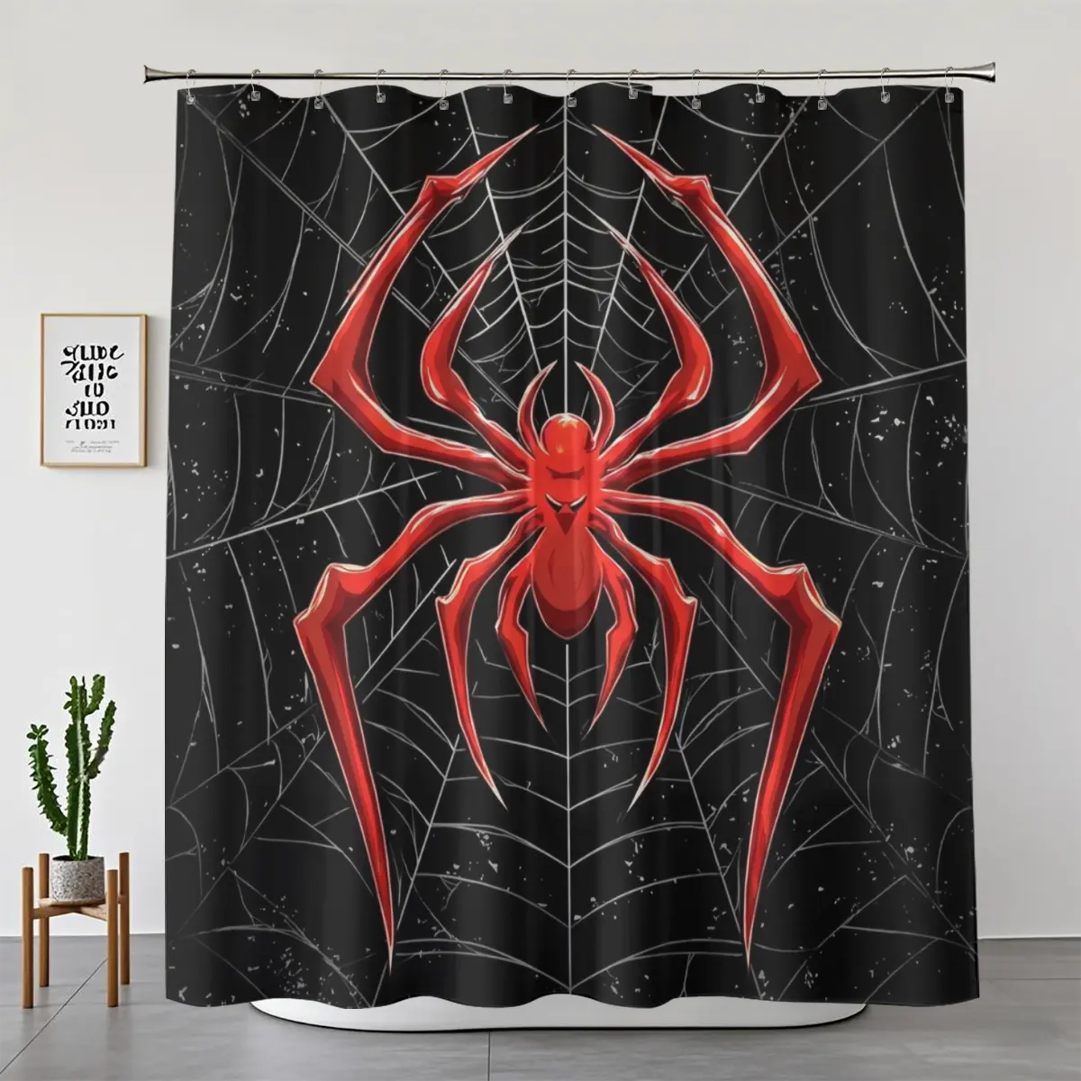 Gothic Red Spider Web Shower Curtain Set, 1 or 4-Piece Waterproof Washable Fabric, Spooky Halloween Dark Emo Grunge Boys Bathroom Decor Accessory