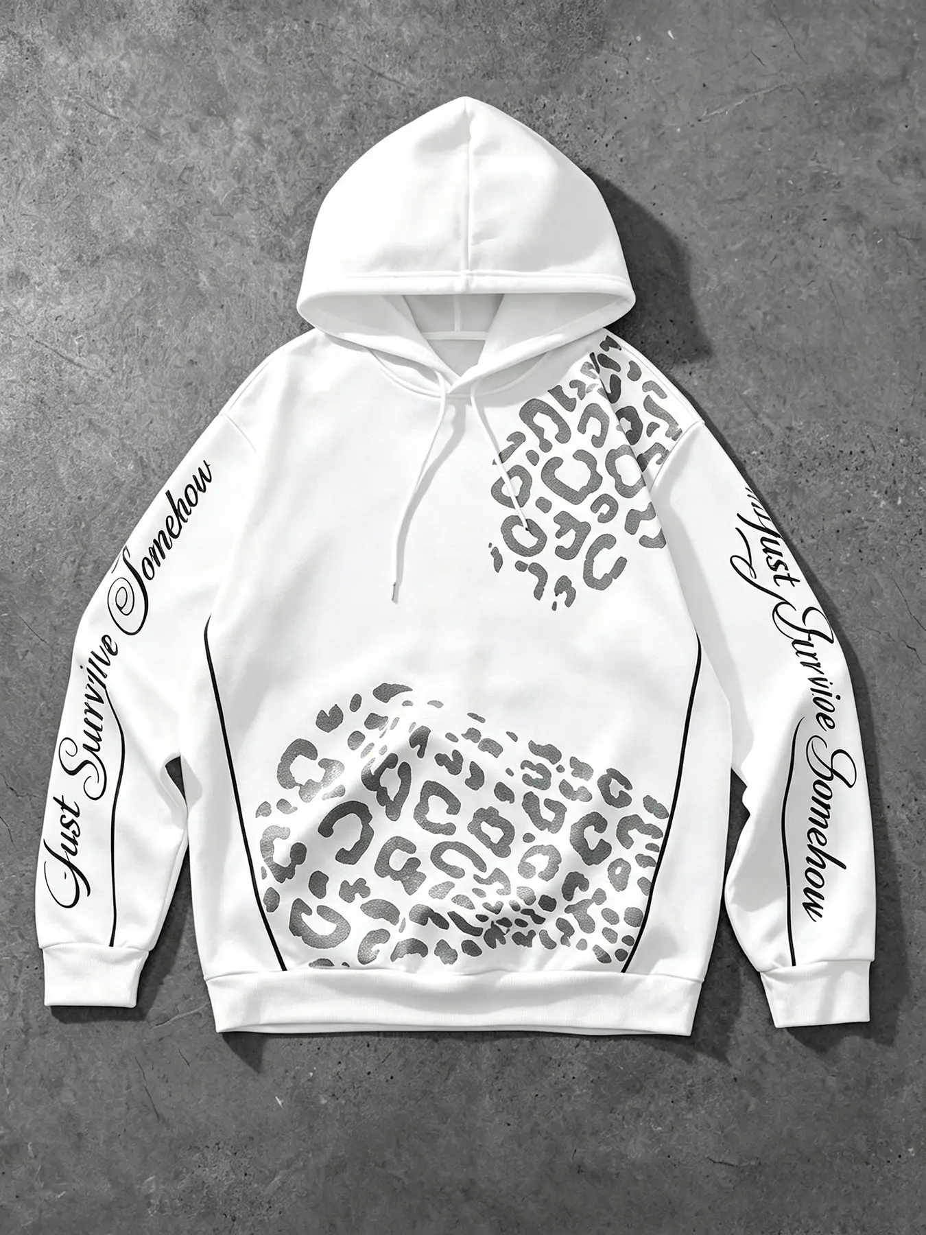 Men's Hooded Sweatshirt, American Street Style Silver Leopard Print, Asymmetric Design, Drawstring Loose Fit, Comfortable Knit Fabric