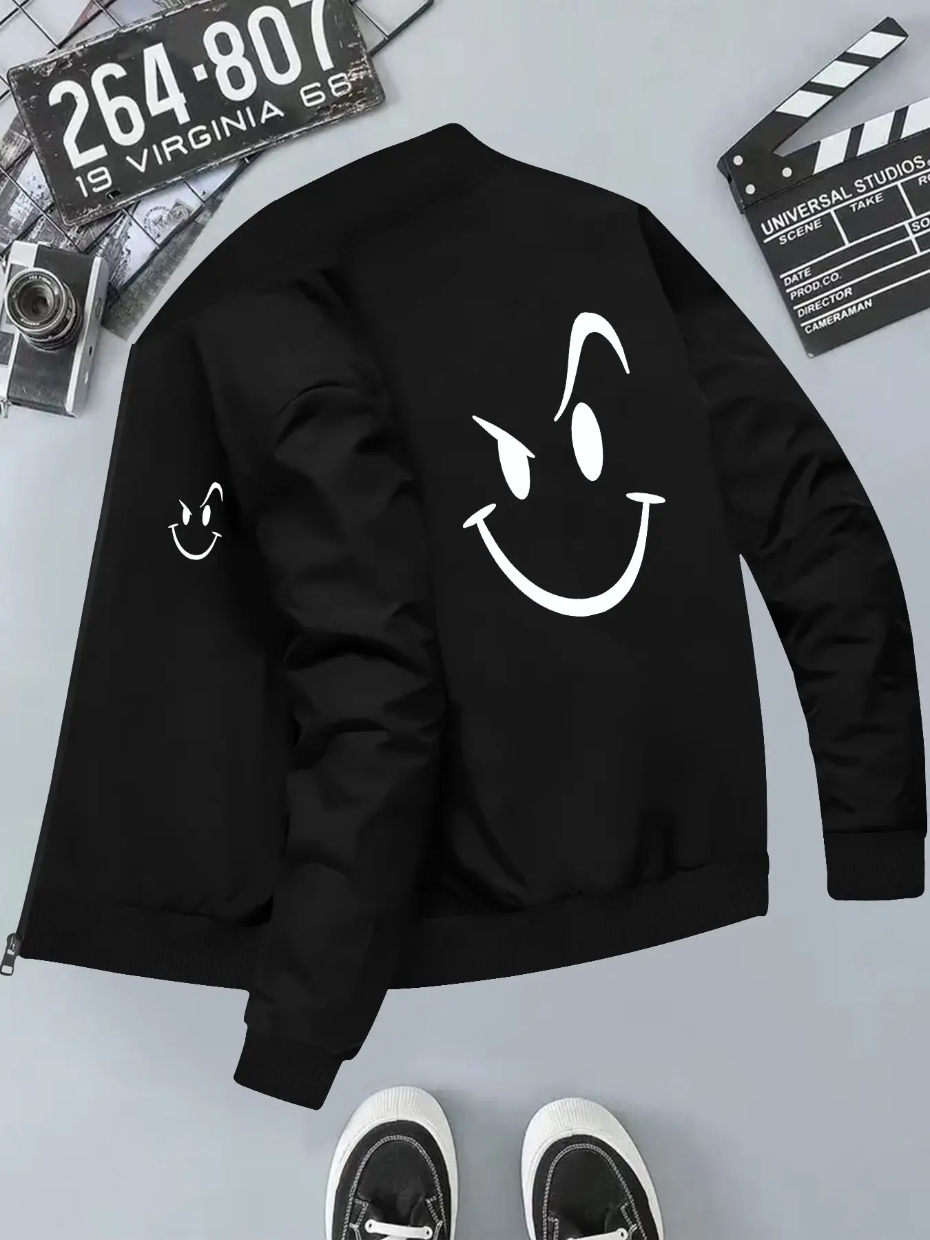 Smiley Pattern Print Men's Hooded Casual Jacket, Long Sleeve Loose-Fit Outerwear, Geometric Design, All Seasons Wear