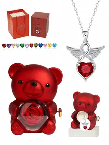 "Infinity Symbol Angel Wing Heart Necklace", stylish lucky birthstone clavicle chain for ladies, packed in a rotating rose teddy bear jewelry box, a mysterious gift for birthdays, Mother’s Day, Valentine’s Day and Christmas