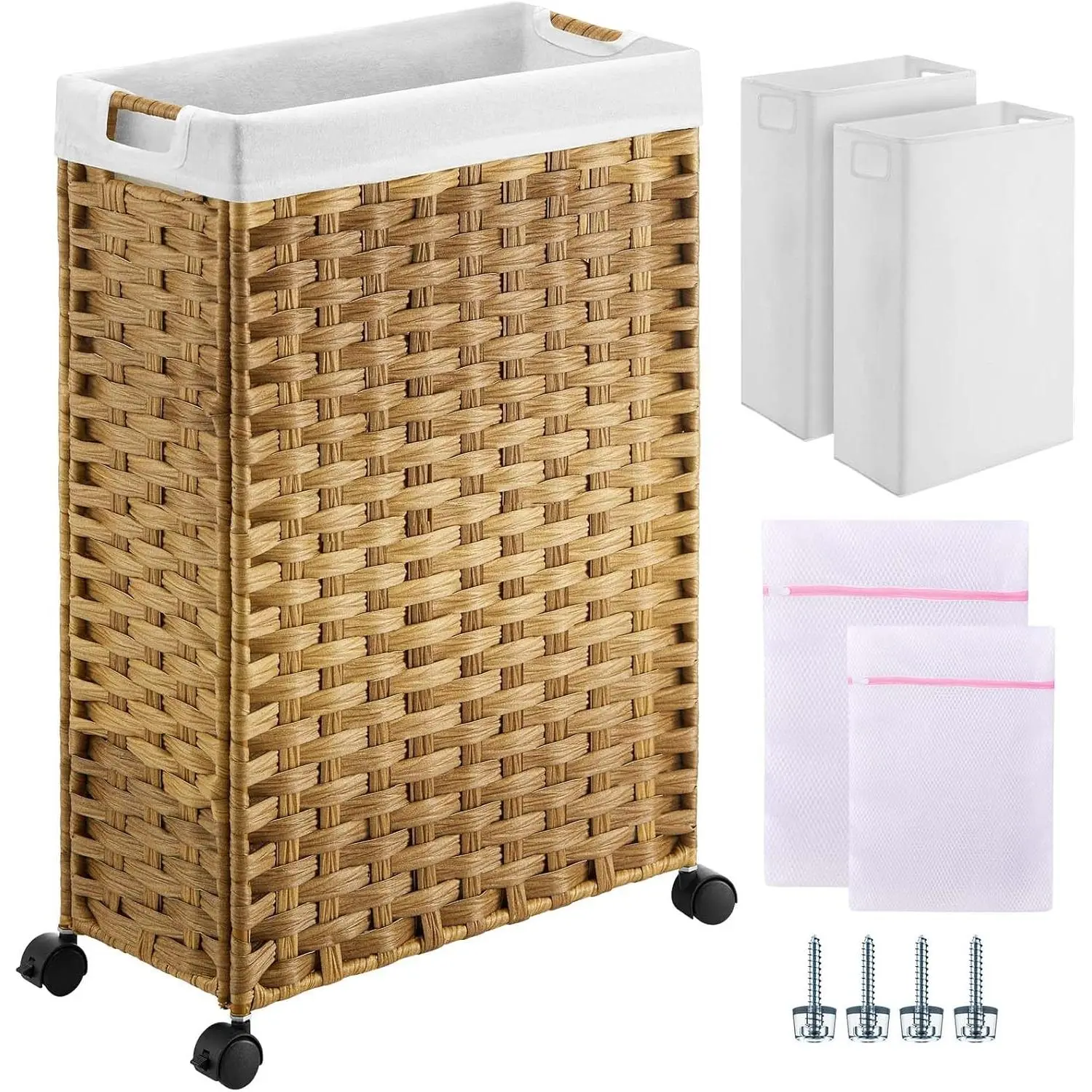 Laundry Hamper with Wheels, 11.9 Gallon (45L) Small Clothes Hamper with 2 Removable Liner Bags & 2 Mesh Bags, Slim Rattan Laundry Basket for Bathroom, Bedroom, Natural