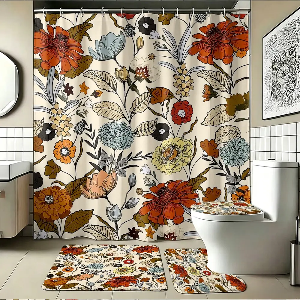 4pcs Boho Floral Shower Curtain Set, Bathroom Curtains, Thicker Softer Fabric, Vintage Wildflower Bathroom Decor, Retro Botanical Style Bath Accessories