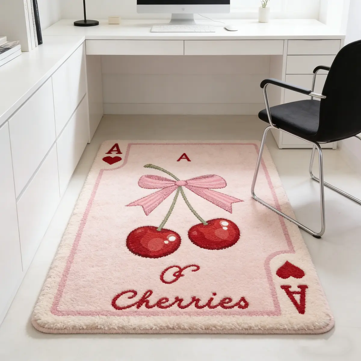 Heart Poker Cherry Bow Plush Rug, Soft Skin-Friendly Foot Mat, Style Desk Bedroom Ground Decoration, Casual Room Arrangement Blanket, Soft Indoor Rugs, Home Decor Rug, Home Decorative Rugs, House Decor Rug