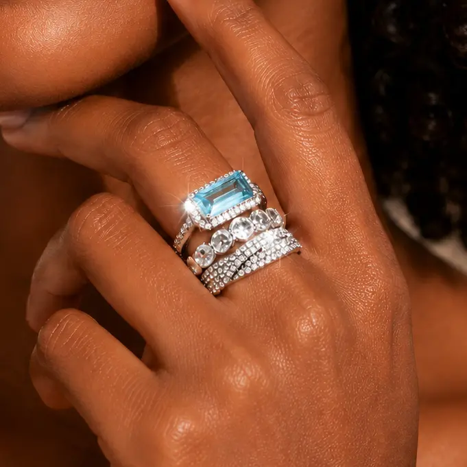 Women’s 3-Piece Cubic Zirconia Stackable Rings - 6x14mm Blue CZ Statement Piece, Silver-Tone Plated Copper Base Jewelry for Women, Crystal Accent Casual Accessory, Elegant Party Gift