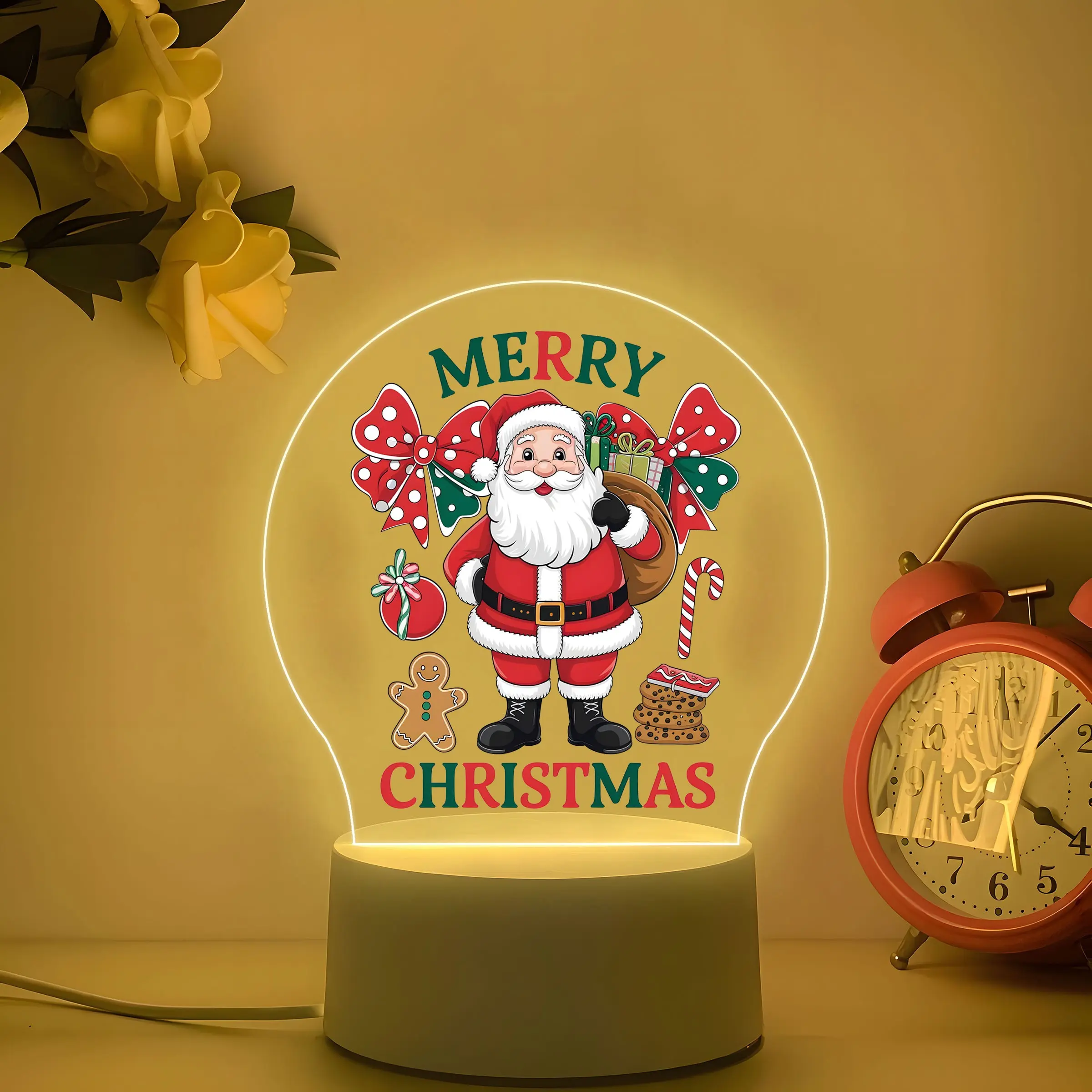 Cartoon Santa Claus Candy Cookie Acrylic Night Light, Merry Christmas Bow Gingerbread LED Desk Lamp, Kids Farmhouse Xmas Bedroom Decor Gift