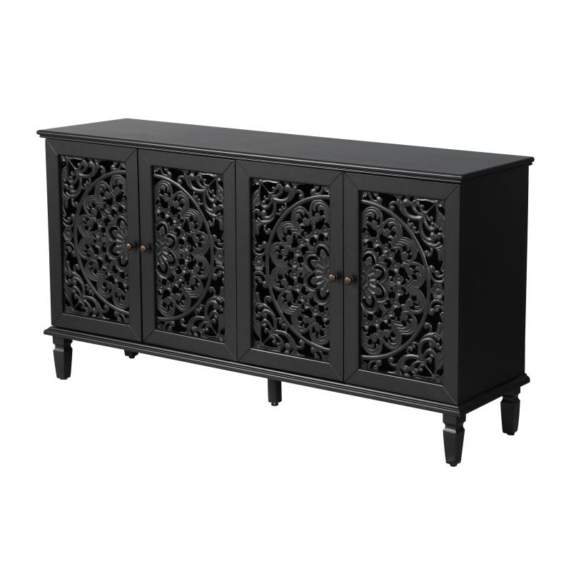 60" Antique Buffet Cabinet with Floral Carvings with Solid Wood Legs&Antique Brass Handles&Adjustable Shelves, TV Stand for 65''+ TV, Sideboard for Living Room,Dining Room (Black)