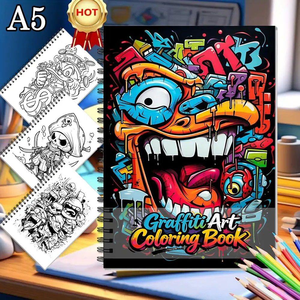 A5 2D Street Art Graffiti Coloring Book Drawing, 30 Thick Single-Sided Pages, Vibrant Design, Unique Cover, Relax Body, Calm Emotions, Stress Relief, Best Gift for Labor Day Mother's Day Birthday
