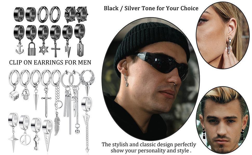 FINREZIO 25 Pcs/Set Men Clip on Earrings Stainless Steel Cross Chain Dangle Earrings Black Fake Earrings for Men Women Non Pierced Huggie Hoop Earrings Set Daily