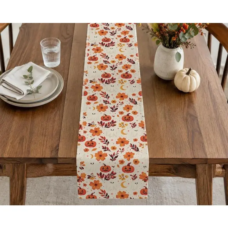 Pumpkin Floral Table Runner for Fall Dining, Halloween decor, jack o'lantern print, farmhouse tablescape