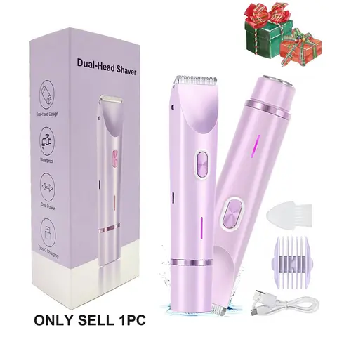 Bikini Trimmer for Women, 2 in 1 Dual Head Electric Razor Hair Removal Tool, Body & Facial Electric Shaver, Waterproof Wet & Dry Trimmer, Cordless Travel Groomer for Leg, Underarm & Bikini Zones, Rechargeable Body Trimmer, Holiday Gifts for Ladies