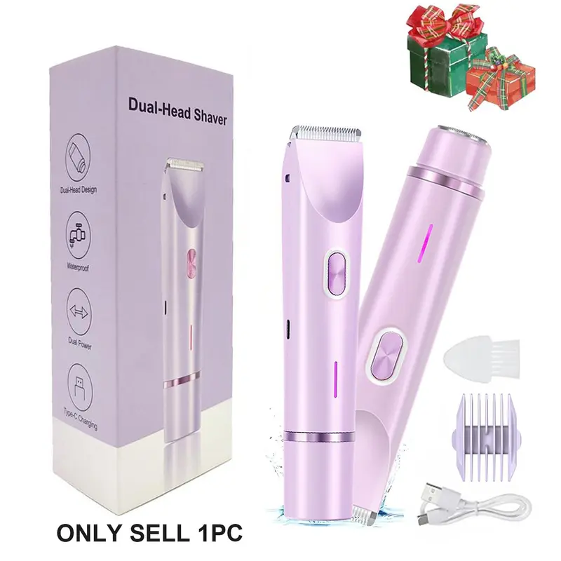 Bikini Trimmer for Women, 2 in 1 Dual Head Electric Razor Hair Removal Tool, Body & Facial Electric Shaver, Waterproof Wet & Dry Trimmer, Cordless Travel Groomer for Leg, Underarm & Bikini Zones, Rechargeable Body Trimmer, Holiday Gifts for Ladies