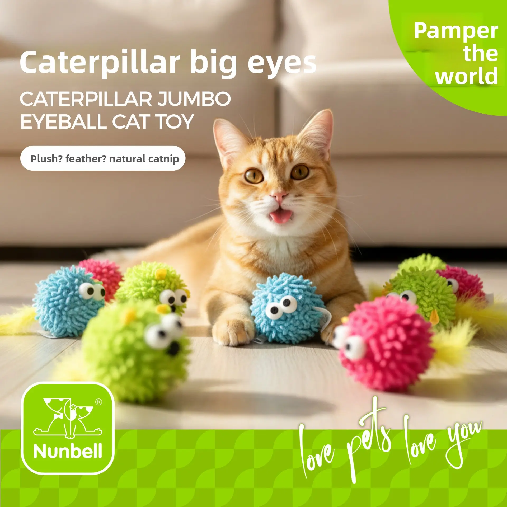 Nunbell cat chewable yarn ball toy, durable for teeth grinding and cleaning, self-entertaining plush ball toy